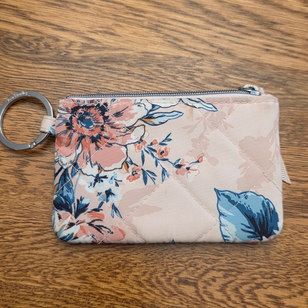 Vera Bradley Climbing Floral Quilted‎ Cotton Zip ID Case Wallet Key Ring Pink